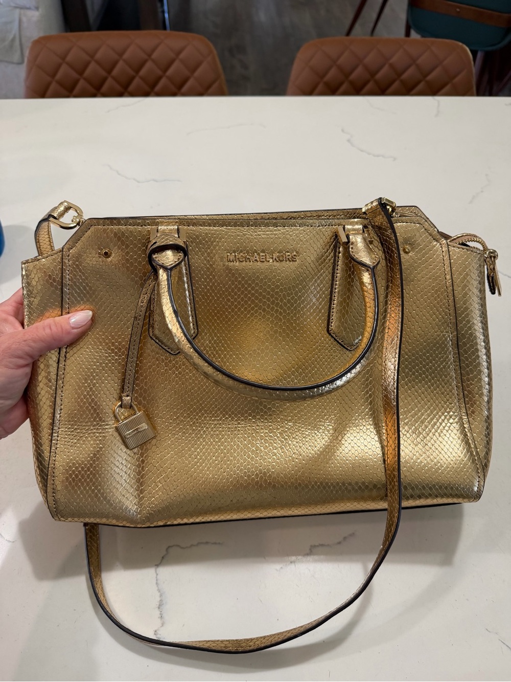 Michael Kors Hayes Large Leather Satchel Gold with snake like textured pattern.